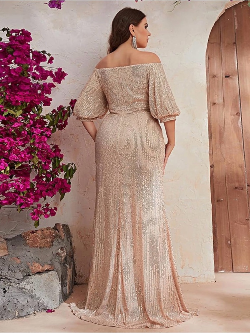 Off-Shoulder Sequin Gown in Champagne Blush NWT - Picture 2 of 10